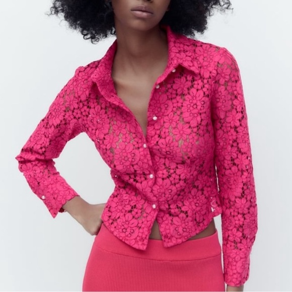 Zara Tops - Zara romantic Barbiecore pink fushia lace button-front shirt with pearl buttons